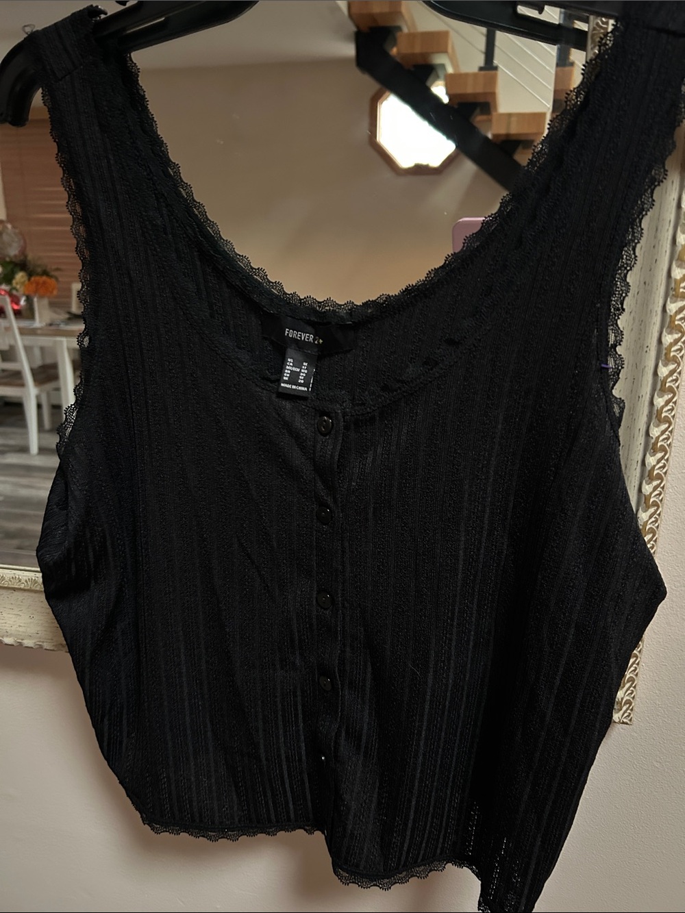 Forever 21 Black Ribbed Lace-Trim Button-Front Camisole